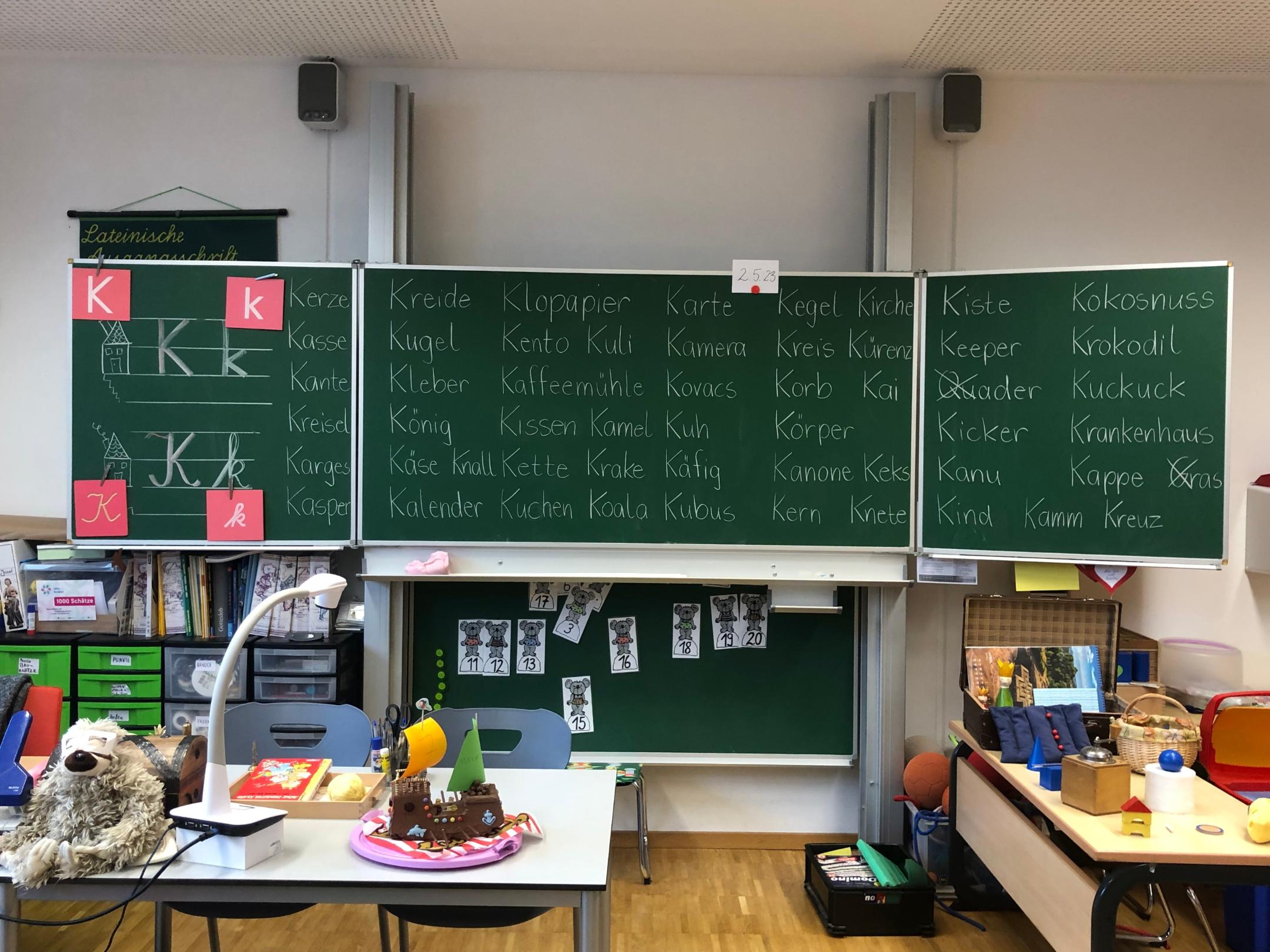 Man blickt auf die geöffnete Tafel in einem Klassenraum, auf der viele verschiedene Wörter mit dem Anlaut K notiert sind.